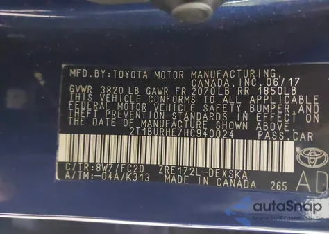 2017 Toyota Corolla Se из США, поврежденный, VIN 2T1BURHE7HC940024